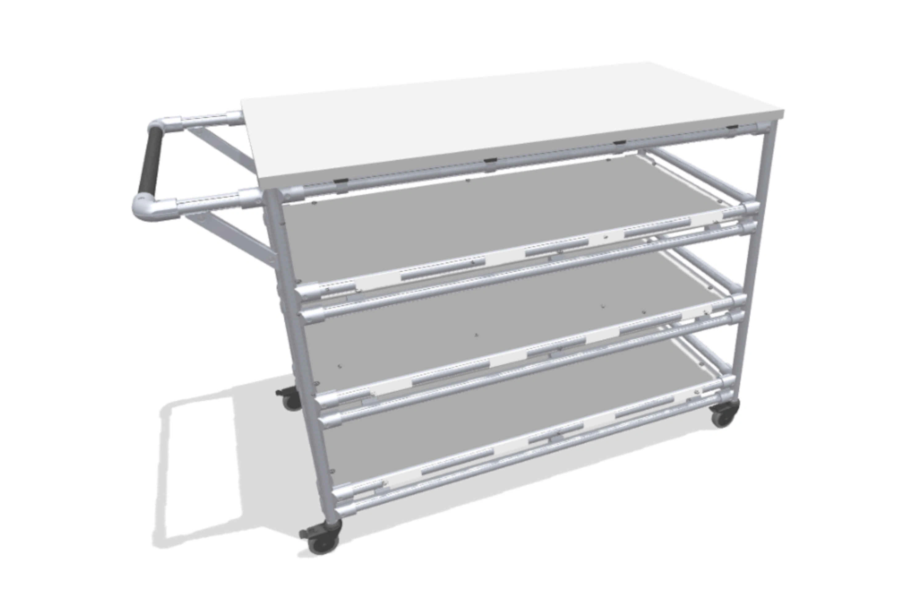 Practical hand trolley with working surface and storage levels