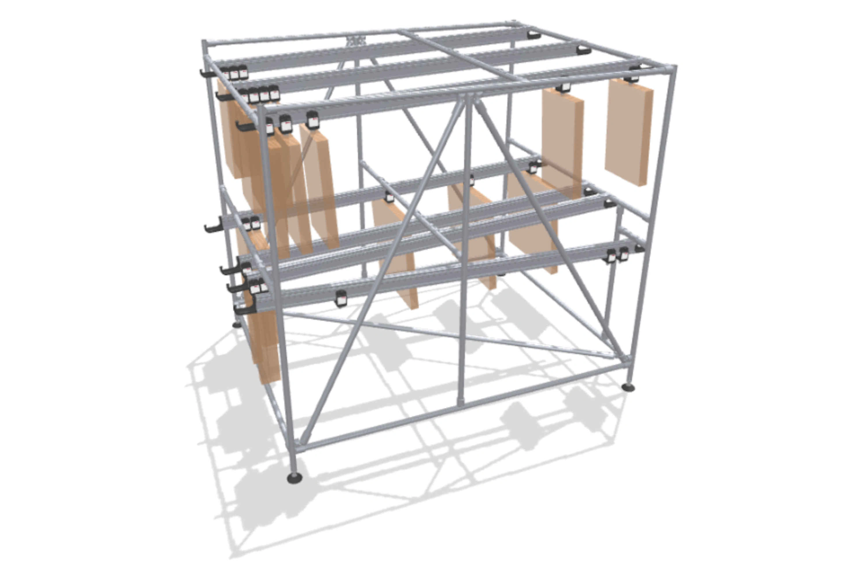 Wide FIFO rack with suspended material transport