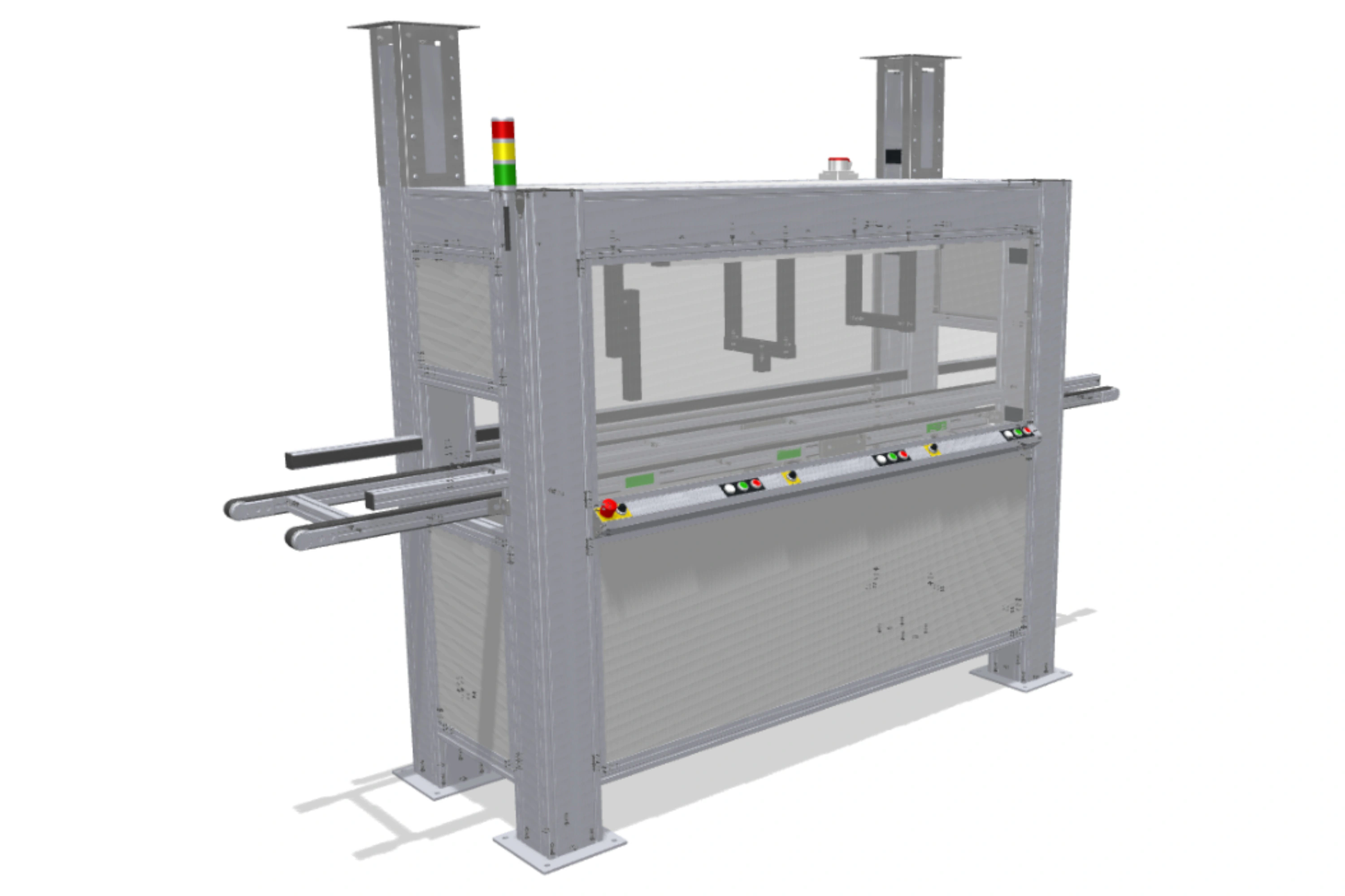 Process and testing cabin with through-flow conveyor, controls and status light