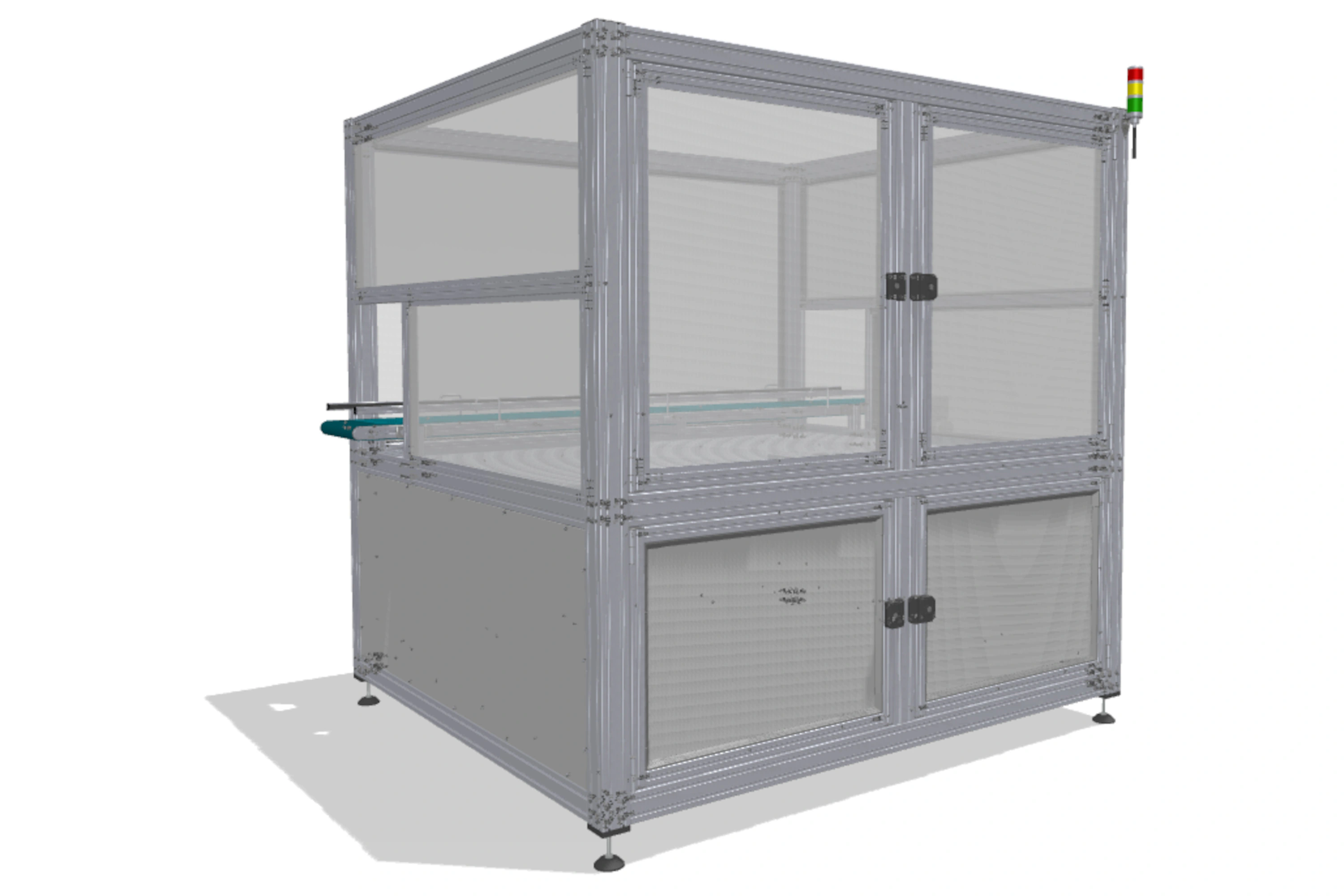 Robot enclosure with conveyor belt