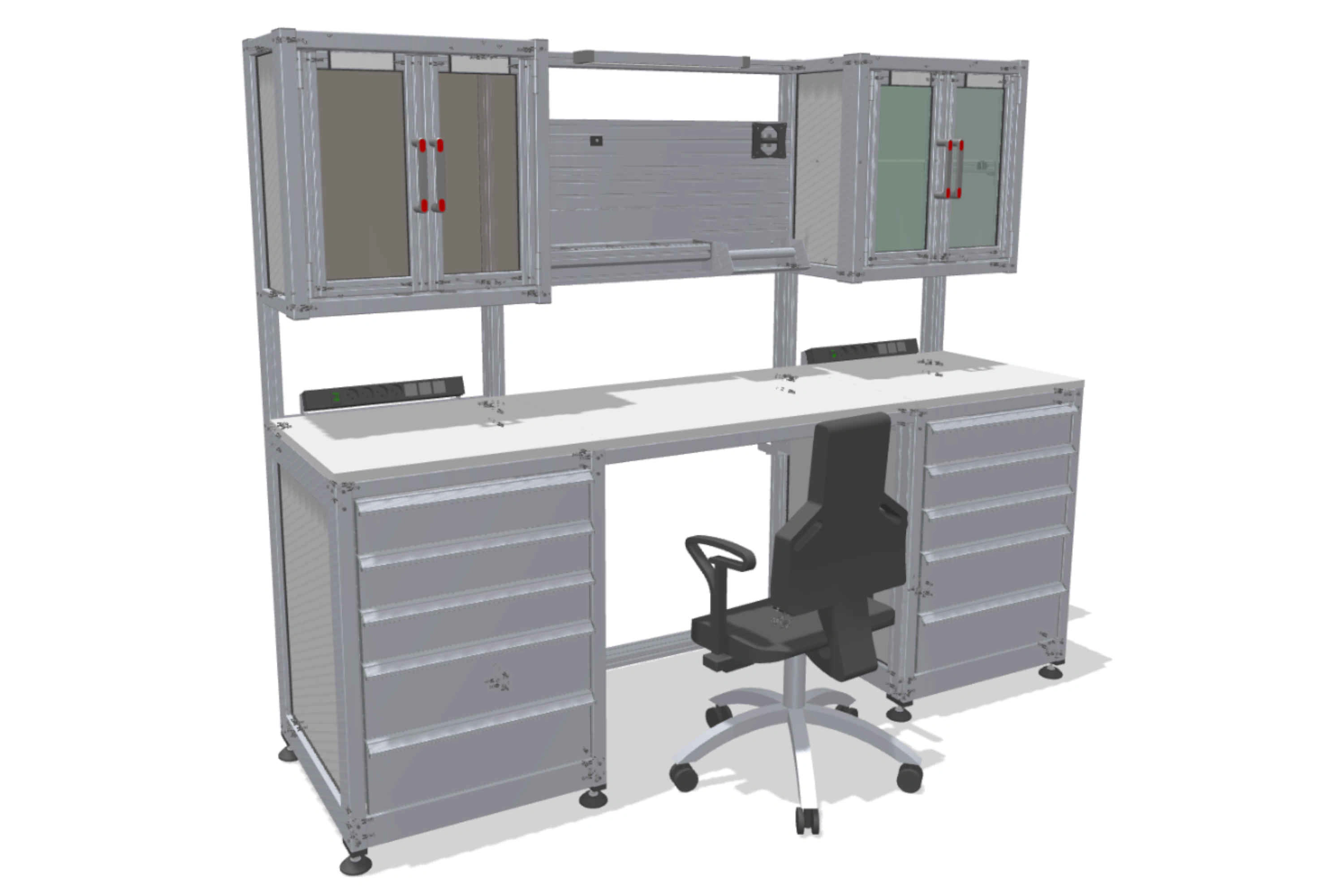 Workbench with wall cabinets and drawers