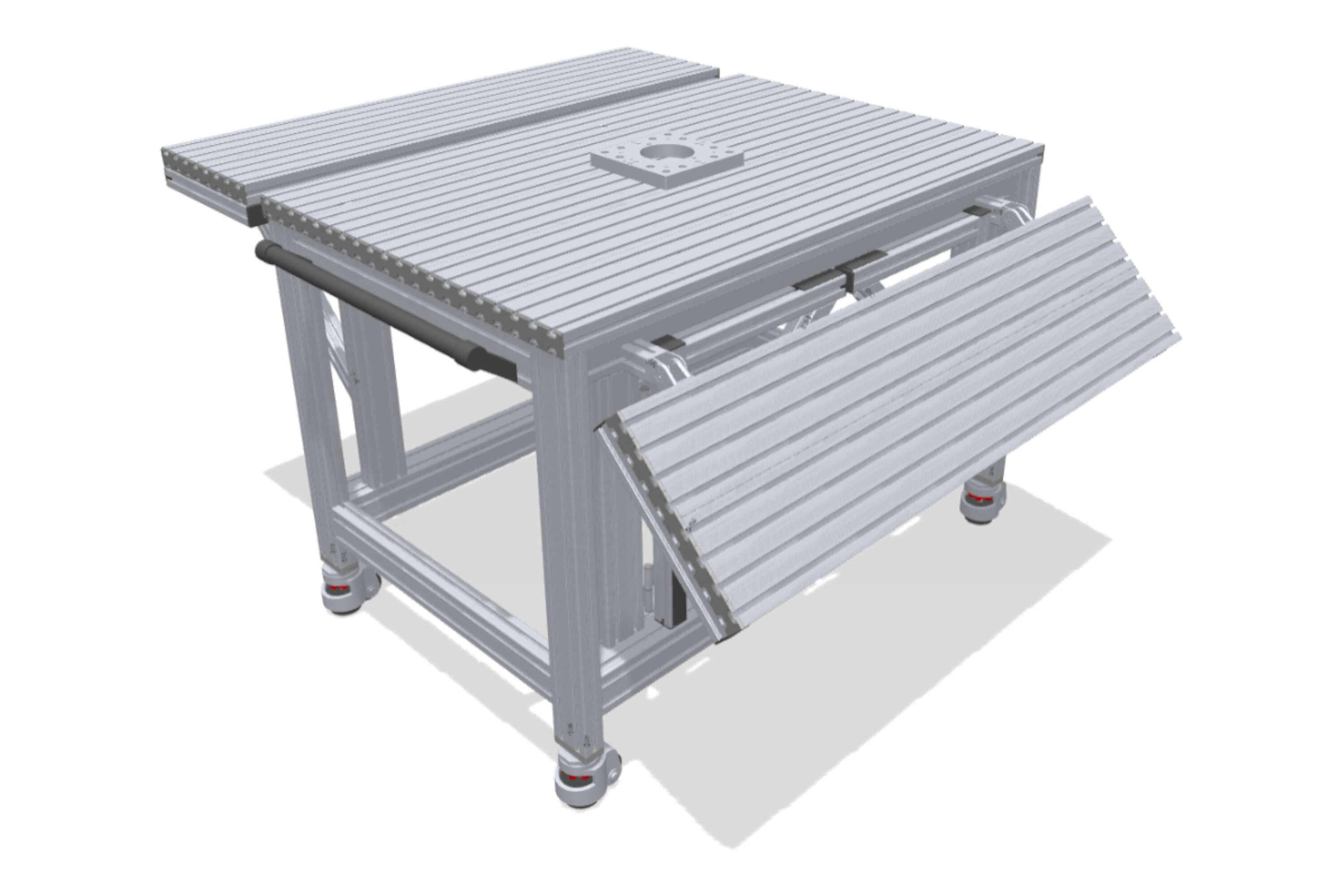 Expandable aluminium-profile robot workstation with two fold-up work surfaces
