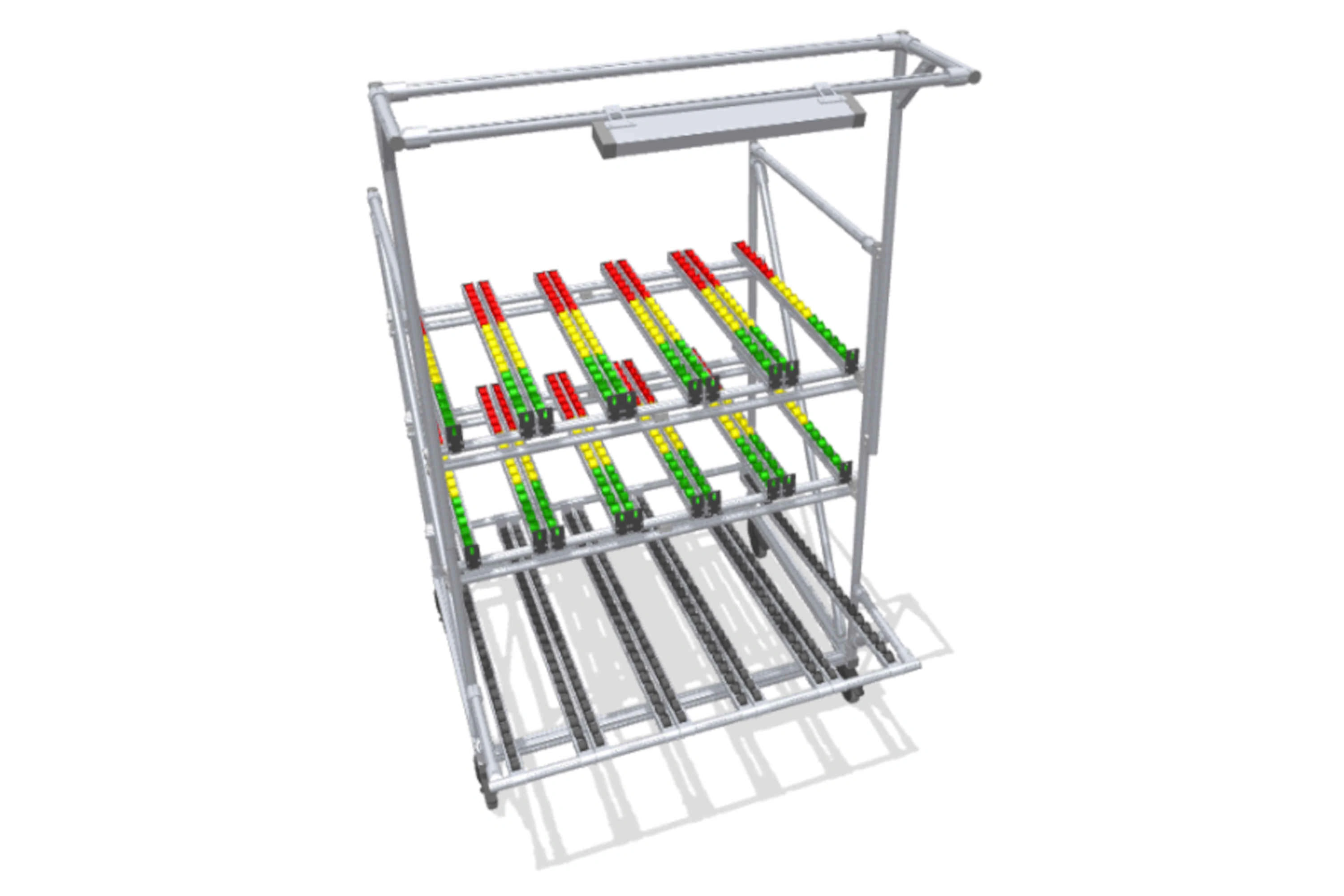 Mobile D30 Kanban FIFO rack with colour-coded roller conveyors and overhead light