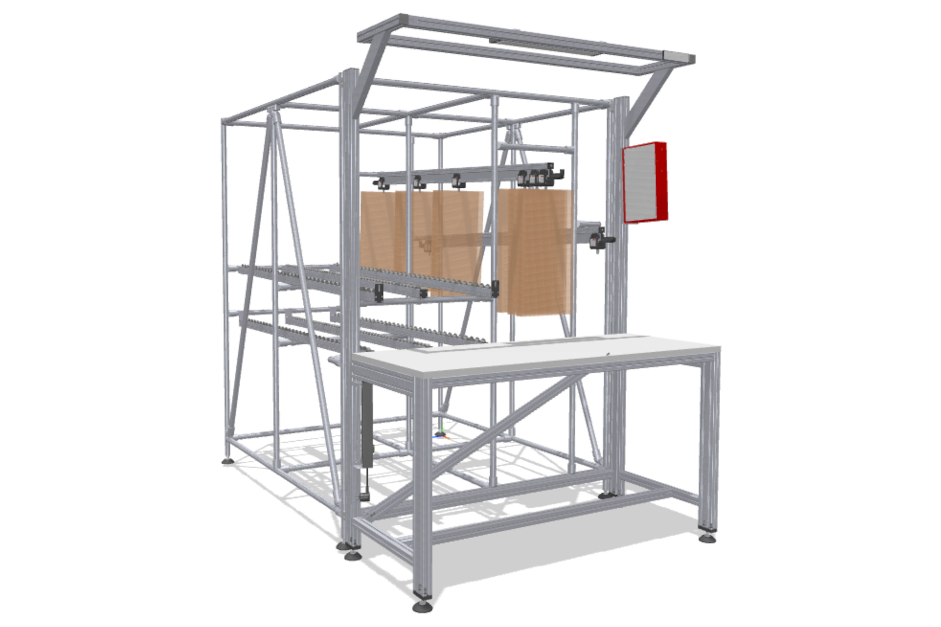 Workstation with suspended conveyor system and FIFO rack